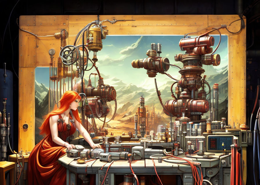 Red-Haired Woman Operating Futuristic Control Panel with Industrial Landscape View