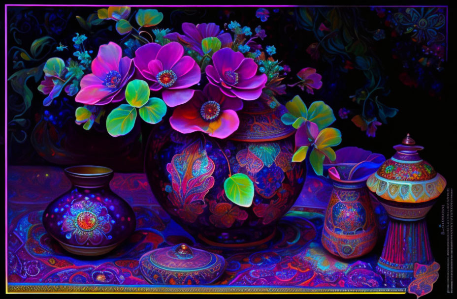 Luminous flowers and ornate vessels in vibrant digital art