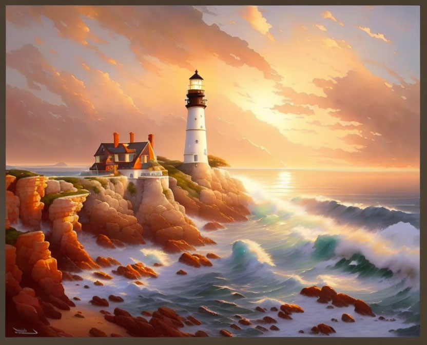 Tranquil seascape with lighthouse, rugged cliffs, crashing waves, and sunset sky