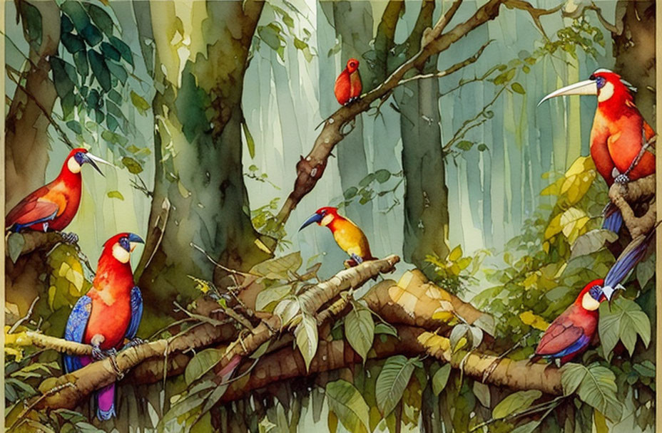 Vibrant tropical birds in lush forest with sunlight.