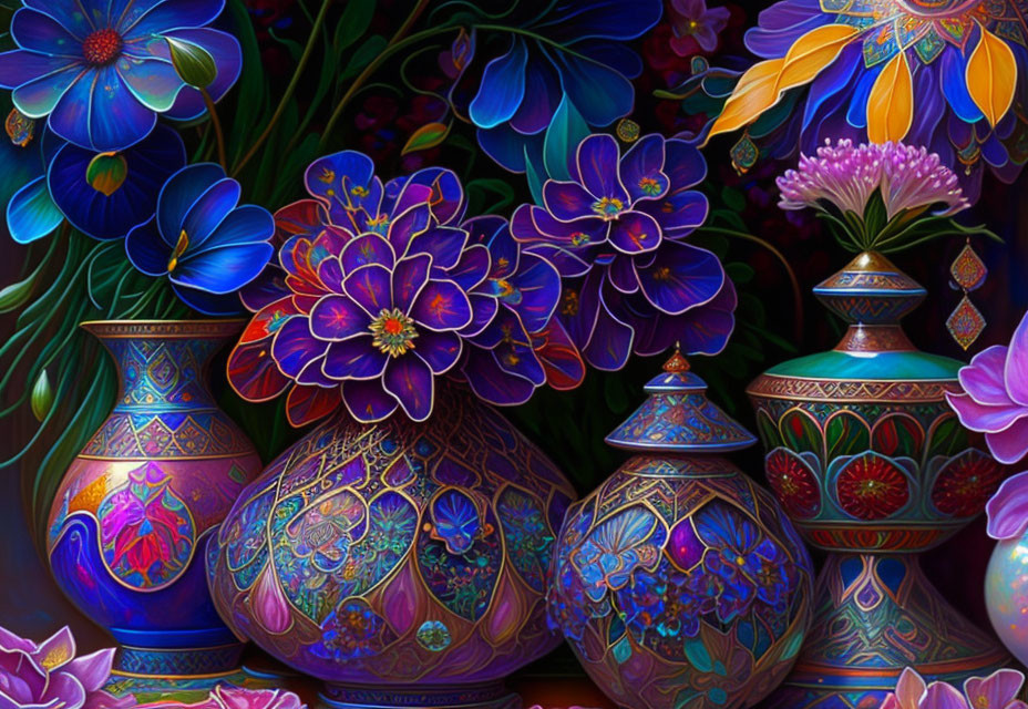 Colorful Digital Artwork of Ornate Vases and Flowers in Rich Tones