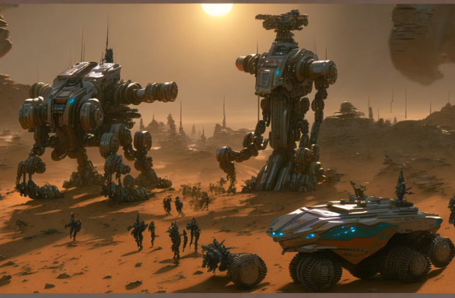 Futuristic vehicles and robots on Mars-like terrain with hazy sky