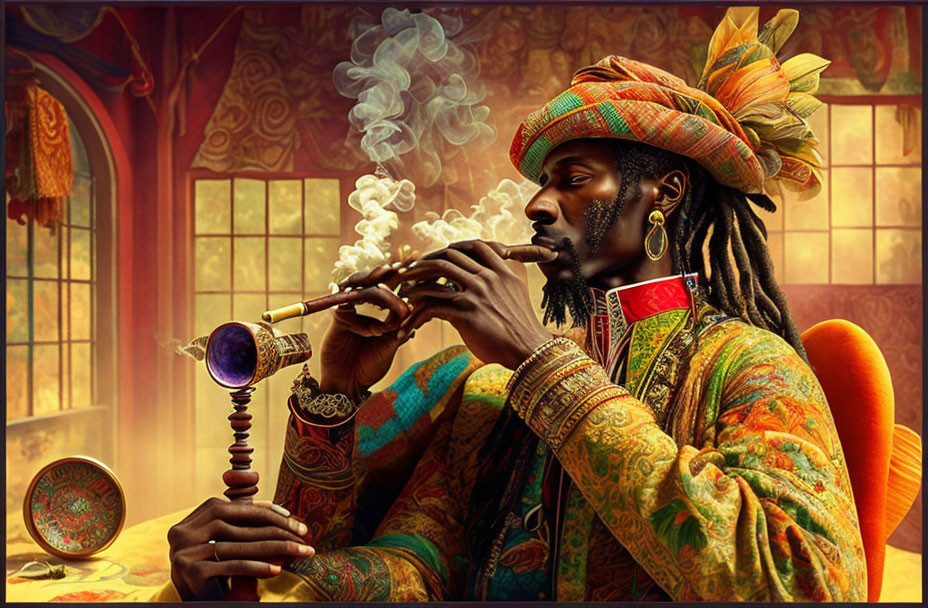 Man in ornate traditional attire playing flute in smoke-filled room