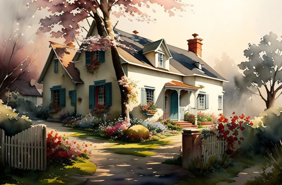 Charming cottage with blooming garden at sunset