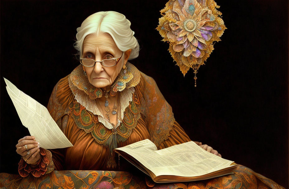 Elderly woman with white hair reading book and holding paper on dark background