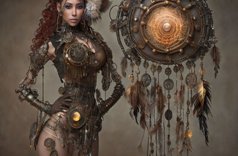 Steampunk-themed woman in metallic outfit with gears and feathers.