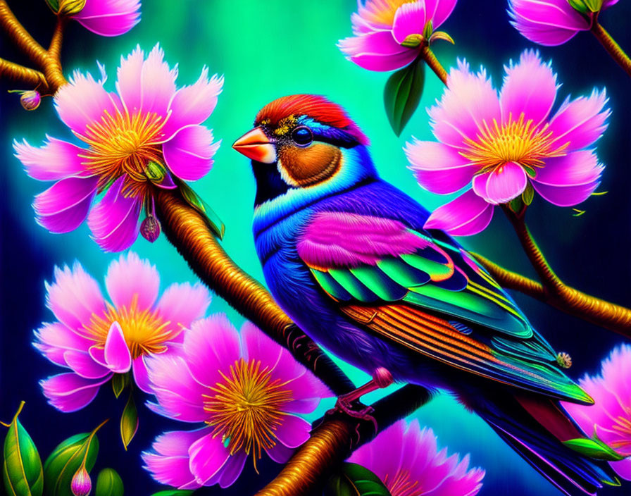 Colorful digital artwork: Multicolored bird on branch with pink flowers on blue-green background