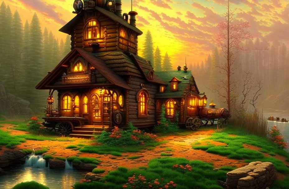 Cozy cottage in serene forest at sunset with lush greenery