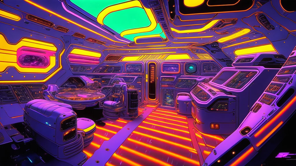 Futuristic neon-lit spaceship interior with holographic map and control panels