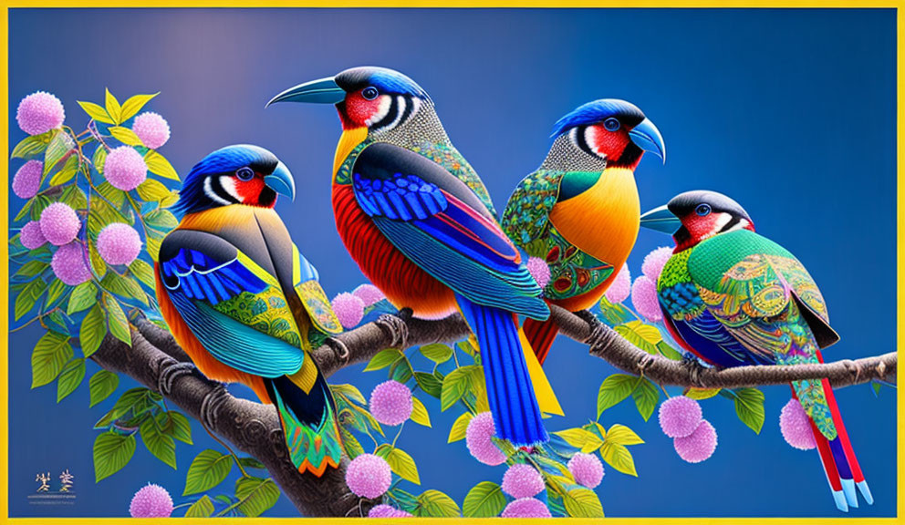 Colorful Birds Perched on Branch with Pink Blossoms on Deep Blue Background