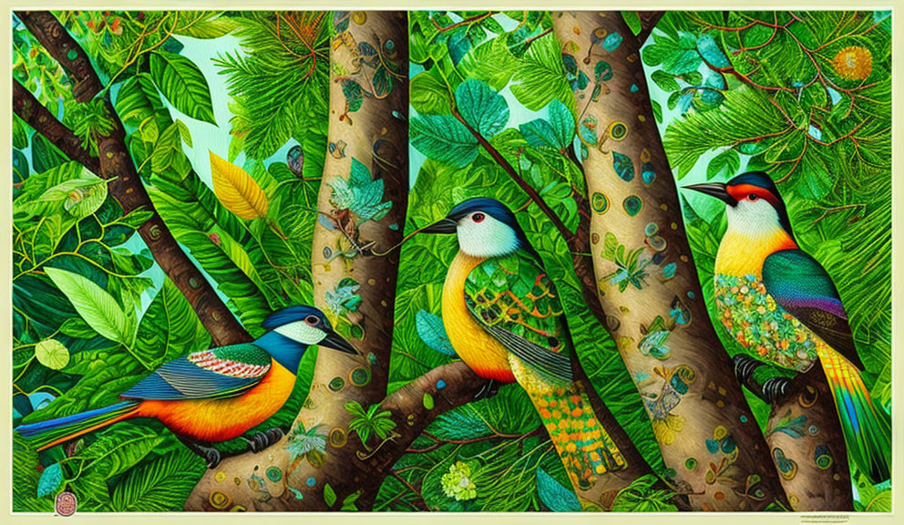 Vibrant Tropical Birds in Lush Forest Setting