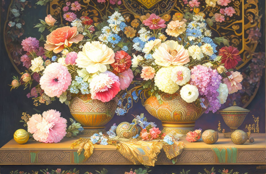 Colorful Painting of Ornate Vases with Flowers on Dark Background