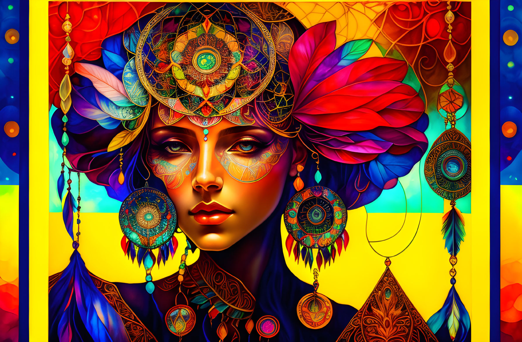 Colorful digital artwork: Woman with feathers, jewelry, mandala headpiece