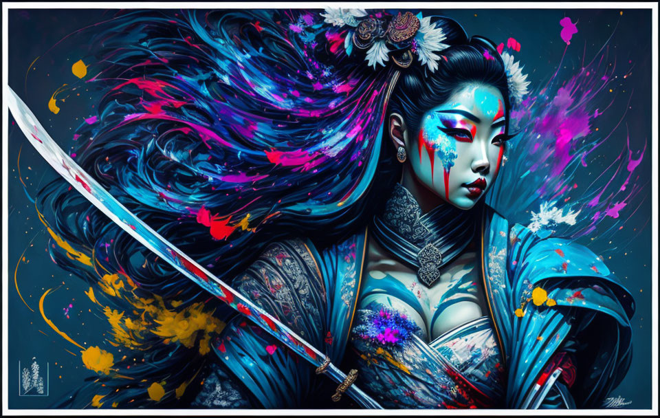 Colorful warrior woman with flowing hair and katana sword in vibrant artwork