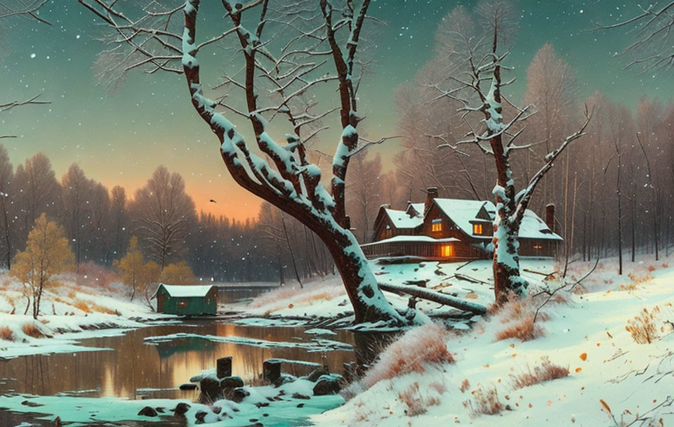 Snow-covered trees, cozy cottage, lake, and snowfall in serene winter scene