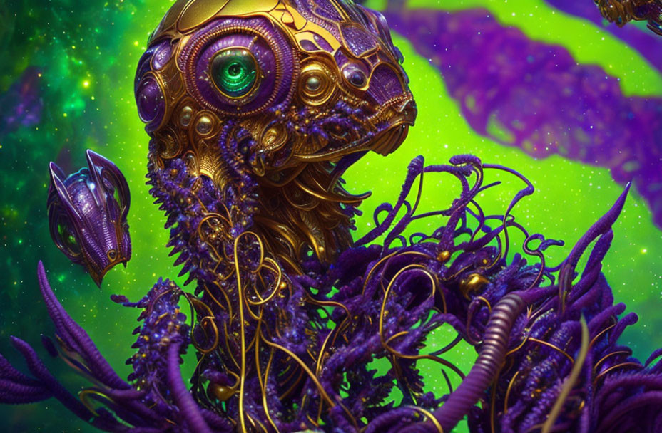 Detailed Golden-Faced Mechanical Creature in Purple and Green Nebulous Background