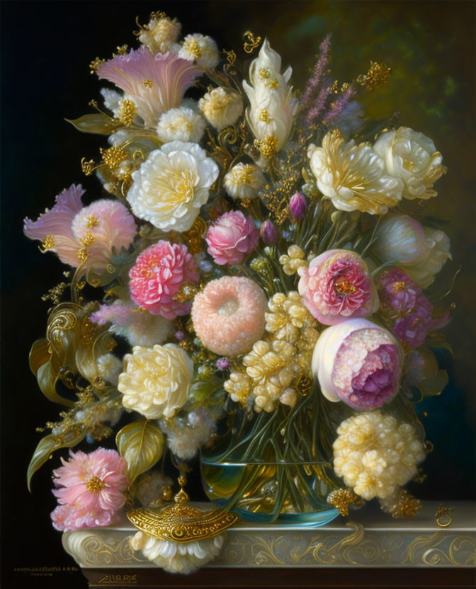 Assorted white, pink, and gold flowers on dark moody background with ornamental details