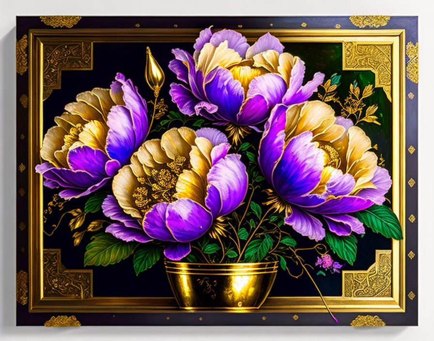 Colorful painting of purple and golden flowers in ornate gold pot on dark background