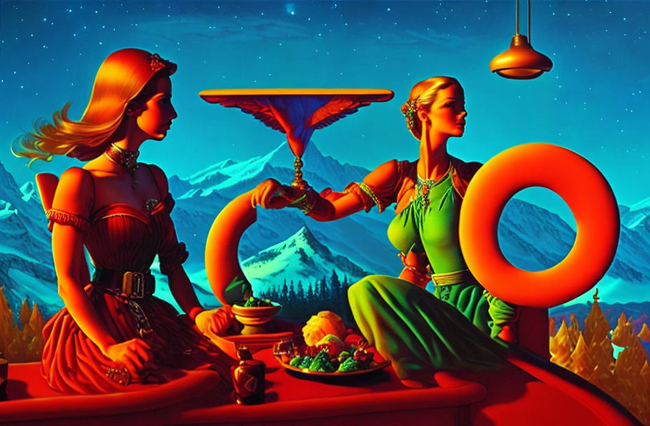 Stylized women in classical attire at table with fruit and mountains in background