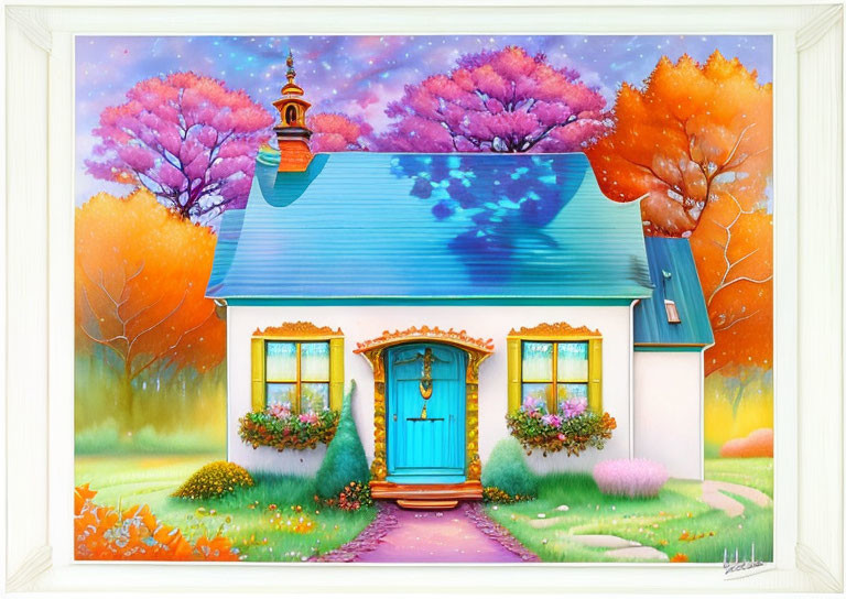 Colorful painting of quaint house with blue roof and fantastical trees under clear sky