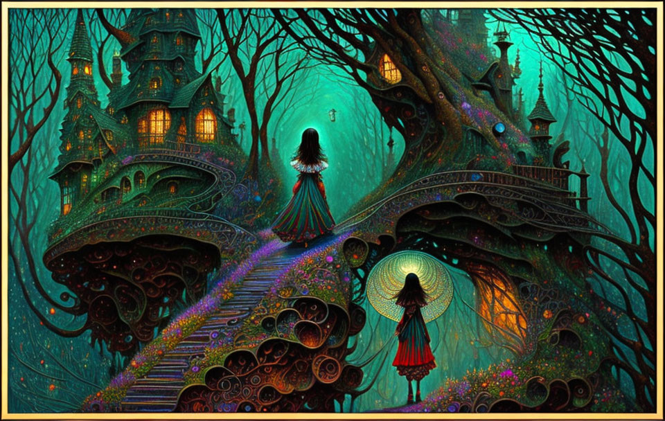 Whimsical illustration of two people on tree-woven path to ornate house in enchanting forest