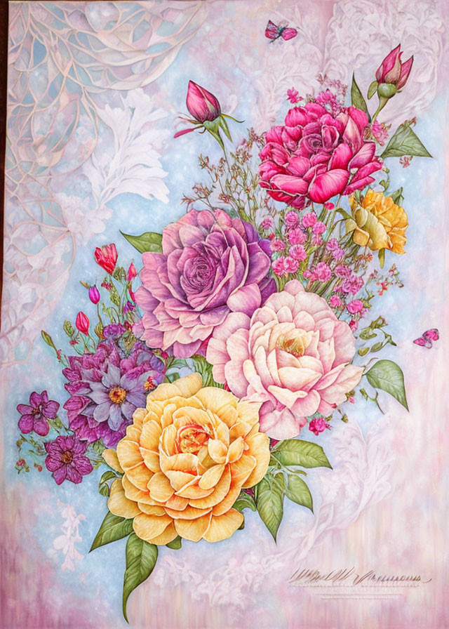 Detailed Floral Painting: Pink and Yellow Roses, Butterflies, and Blossoms on Pastel Background