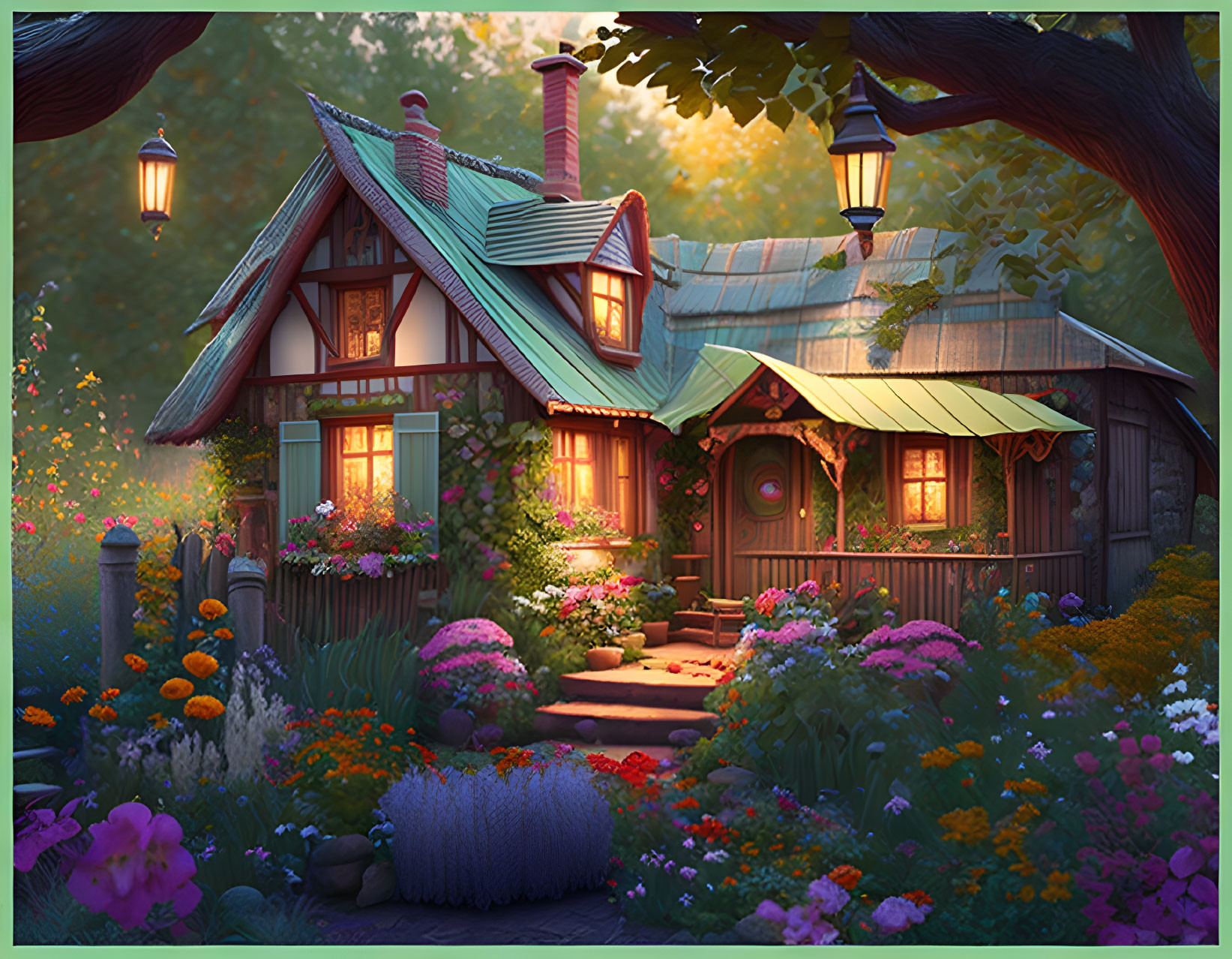 Cozy cottage surrounded by lush garden and vibrant flowers