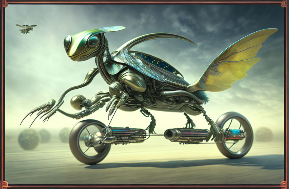 Futuristic robotic insect with wheels in desert landscape