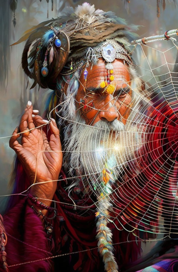 Elderly man with colorful head wrap and face paint holding dreamcatcher