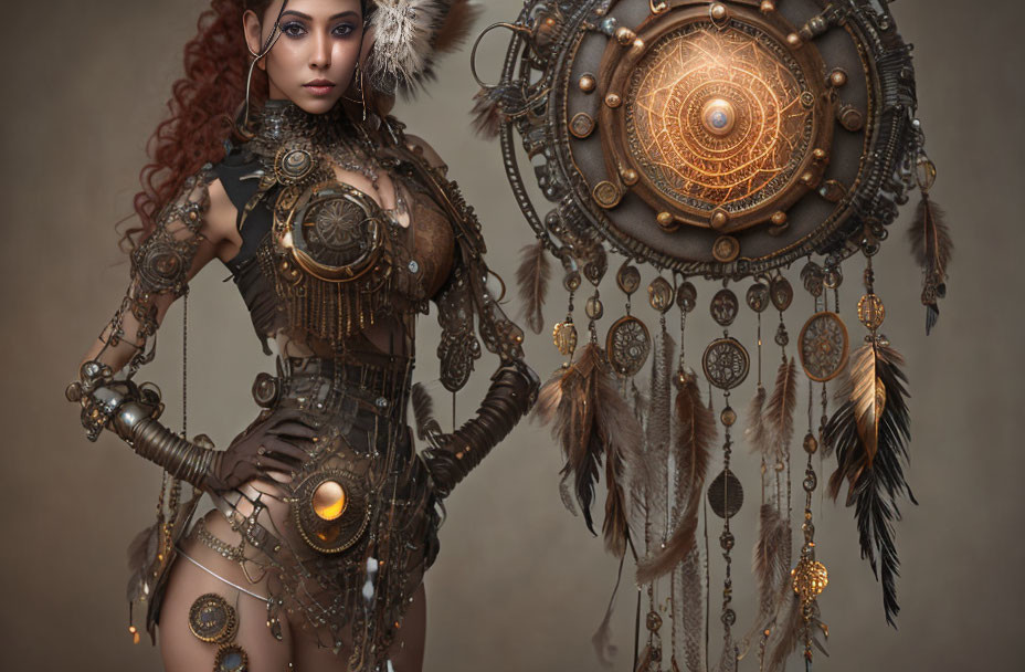 Steampunk-themed digital art of a woman with metal details and mechanical device