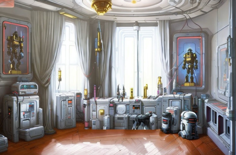 Futuristic room with sleek consoles, robots, circular windows, and suits of armor