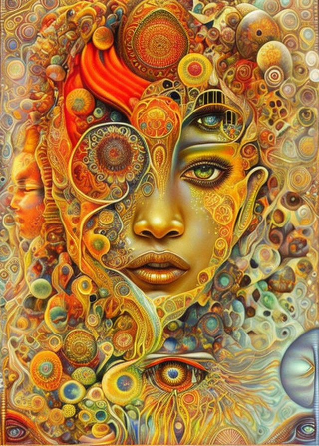 Colorful Psychedelic Artwork of Stylized Woman's Face with Patterns and Eyes