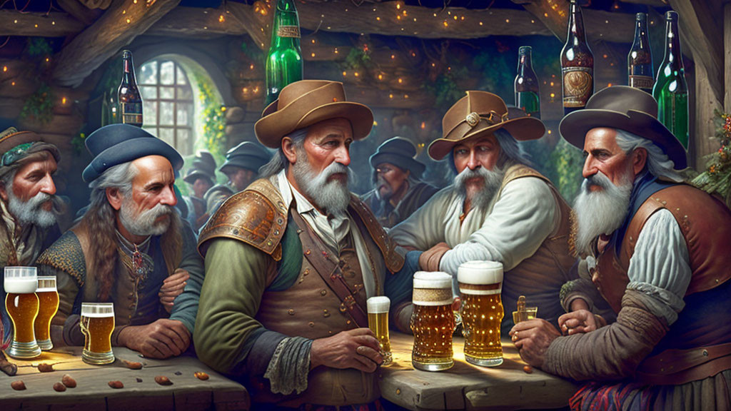 Four older men in renaissance attire at tavern table with beer and nuts