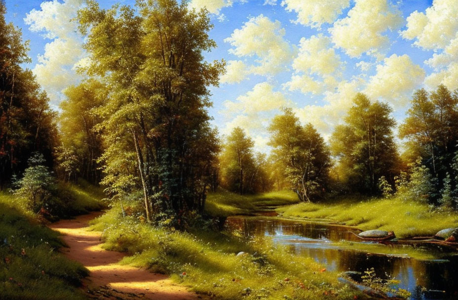 Tranquil forest landscape with river and dirt path