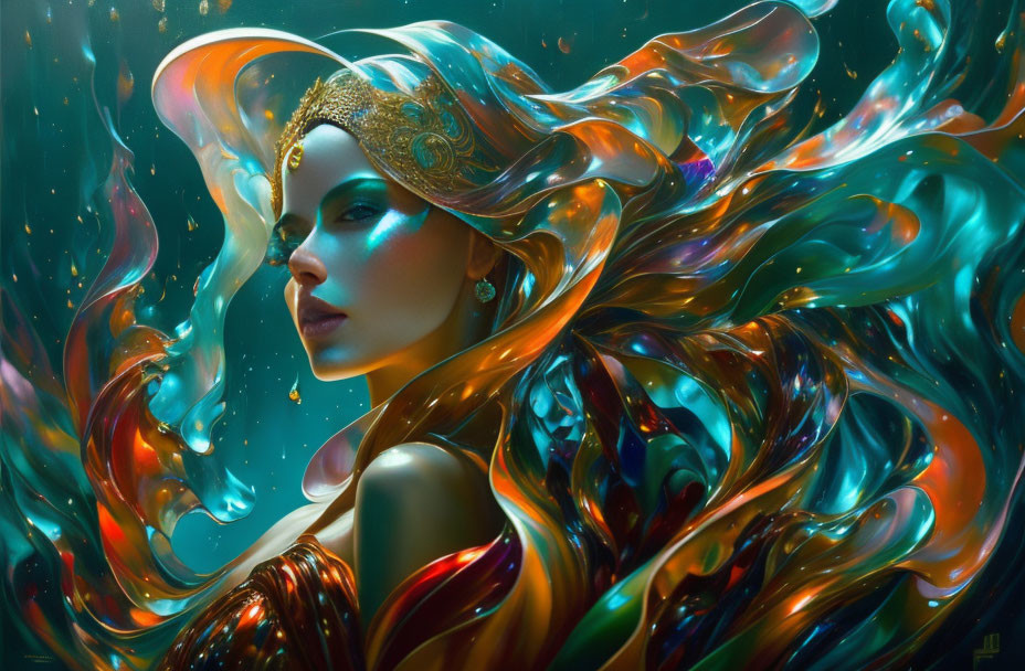 Ethereal woman with flowing hair and golden crown in vibrant swirl