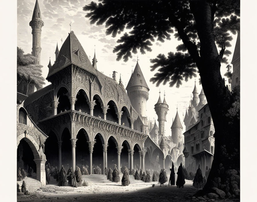 Monochrome artwork of a medieval square with elegant architecture and figures in cloaks.