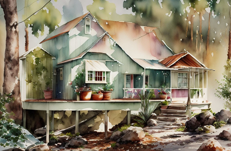 Tranquil watercolor: Cottage on stilts amid lush greenery