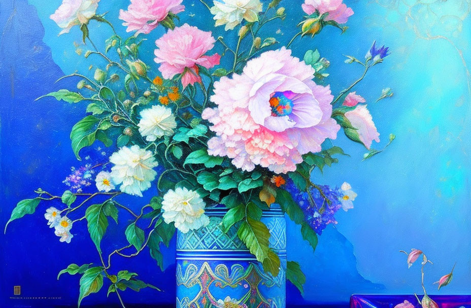 Colorful painting of pink and white flowers in blue vase on blue background