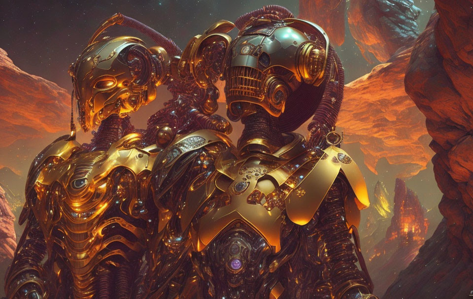 Intricately designed golden armored robots on red rocky terrain