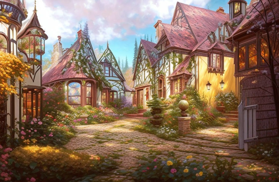 Charming Village Street with Cottages, Flowers, and Warm Lights