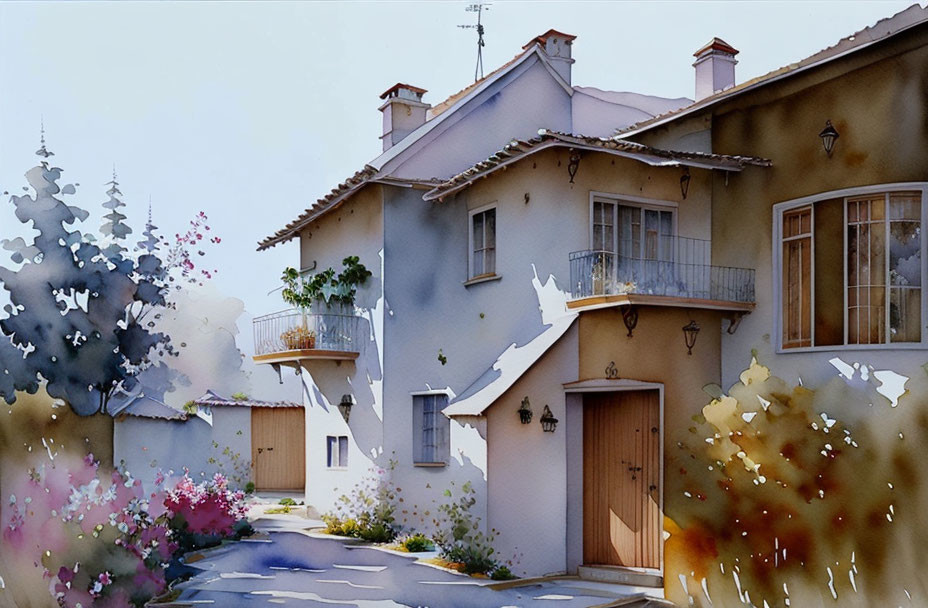 Two-story stucco house with terracotta roof in vibrant garden landscape