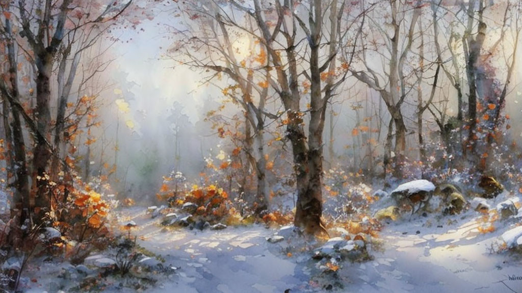 Serene forest path with snow, sunlight, and autumn leaves