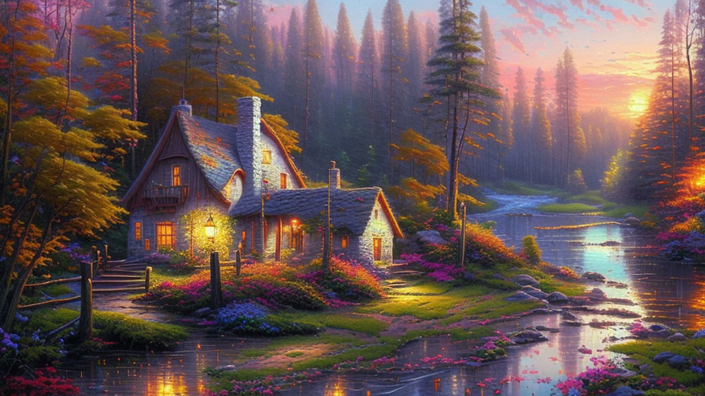 Scenic cottage by river with glowing windows at sunset