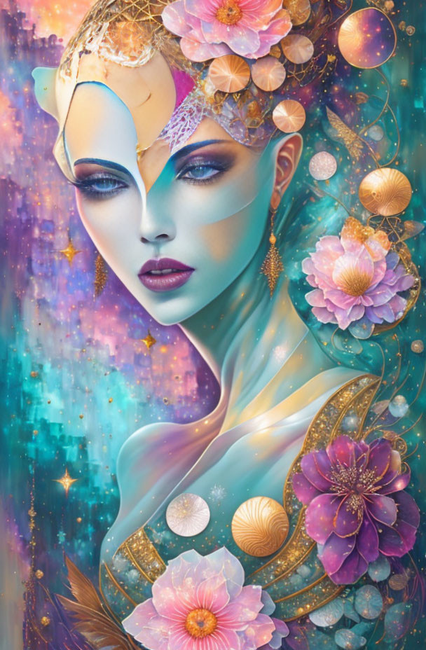 Blue-skinned female figure with golden jewelry and cosmic backdrop.