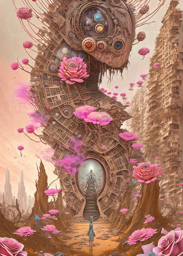 Person standing before towering organic structure with eyes and pink trees in surreal landscape