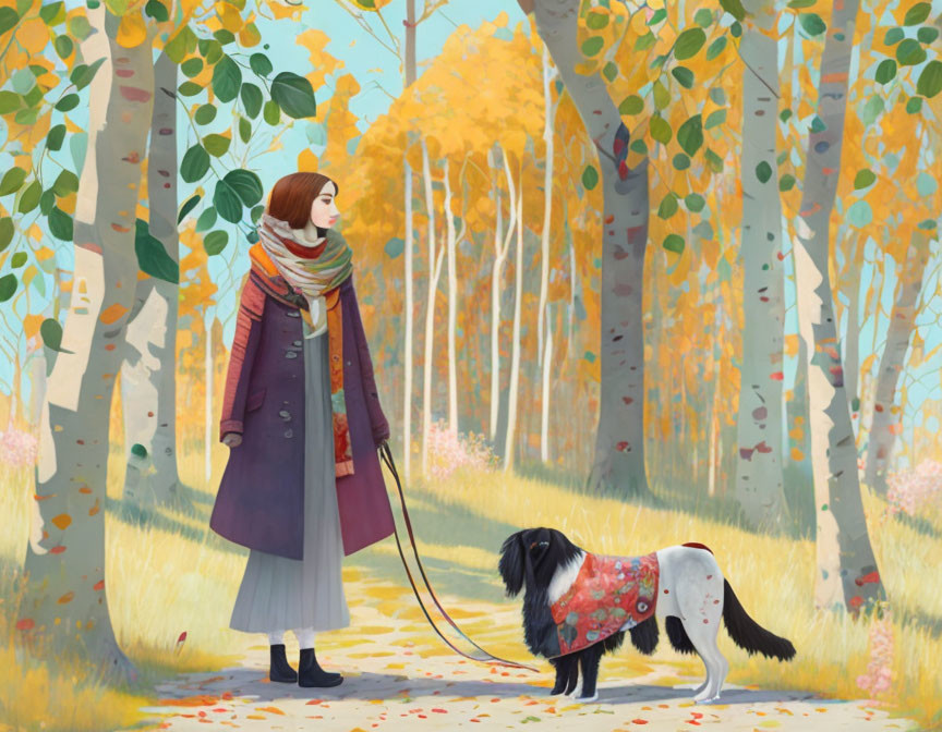Woman walking black and white dog in autumn forest with golden leaves