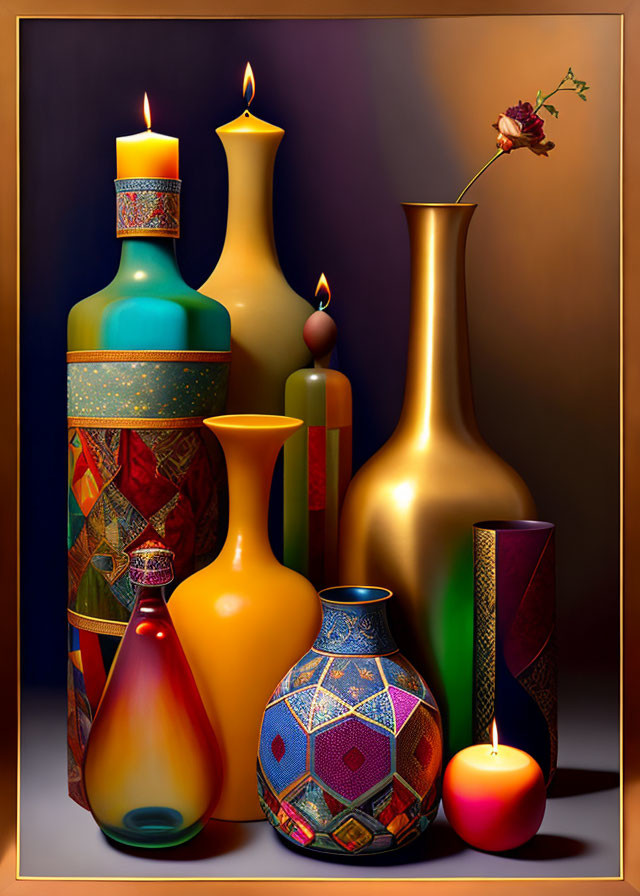 Colorful vases and candles with flower on dark background