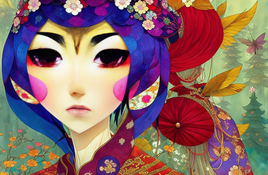 Fantasy artwork of stylized female character with floral headdress