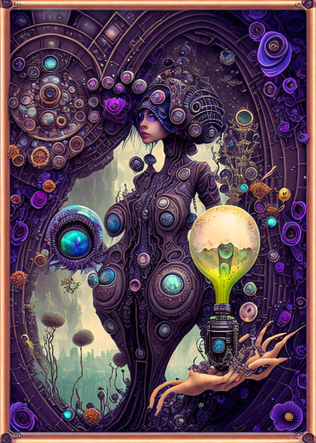 Colorful surreal artwork: Woman with intricate headgear and glowing bulb, surrounded by fantastical mechanical details