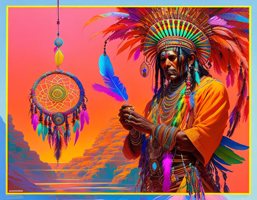 Vibrant Native American Chief Artwork with Dreamcatcher in Desert Canyon